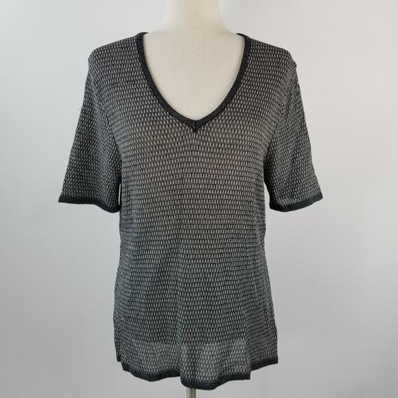 Emanuel Ungaro Black Silver Sheer Metallic   Stretchy Short Sleeve Top Large - Picture 1 of 4